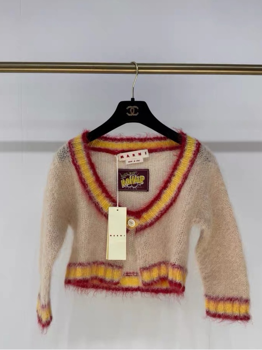 Marni Cream Mohair-Blend Cropped V-Neck Cardigan with Pink and Yellow Trim